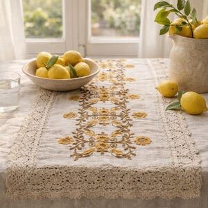 Vintage German Austrian Linen Table Runner Embroidered Floral Crochet Lace Edge